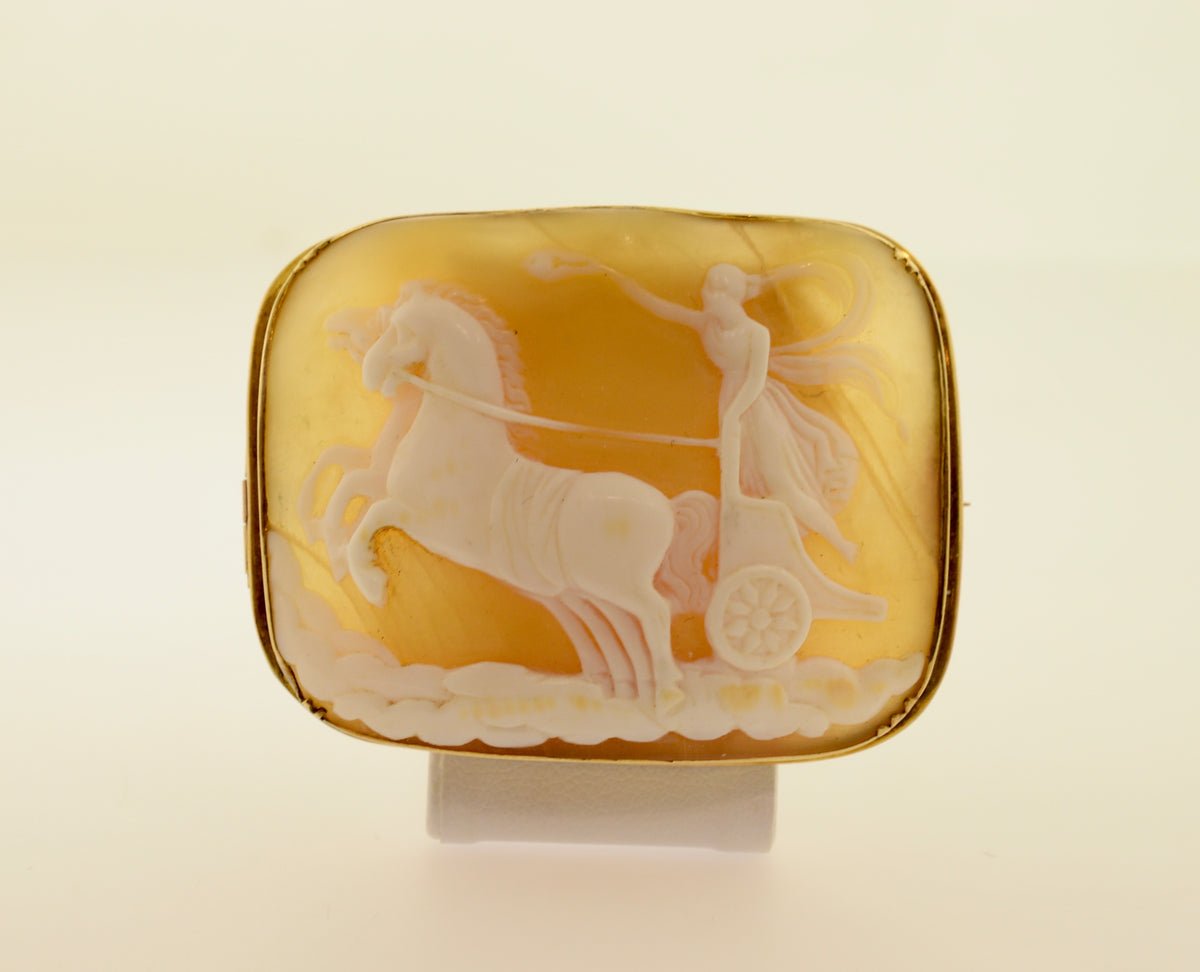 14K Yellow Gold Rectangular Shell Cameo Brooch with Chariot