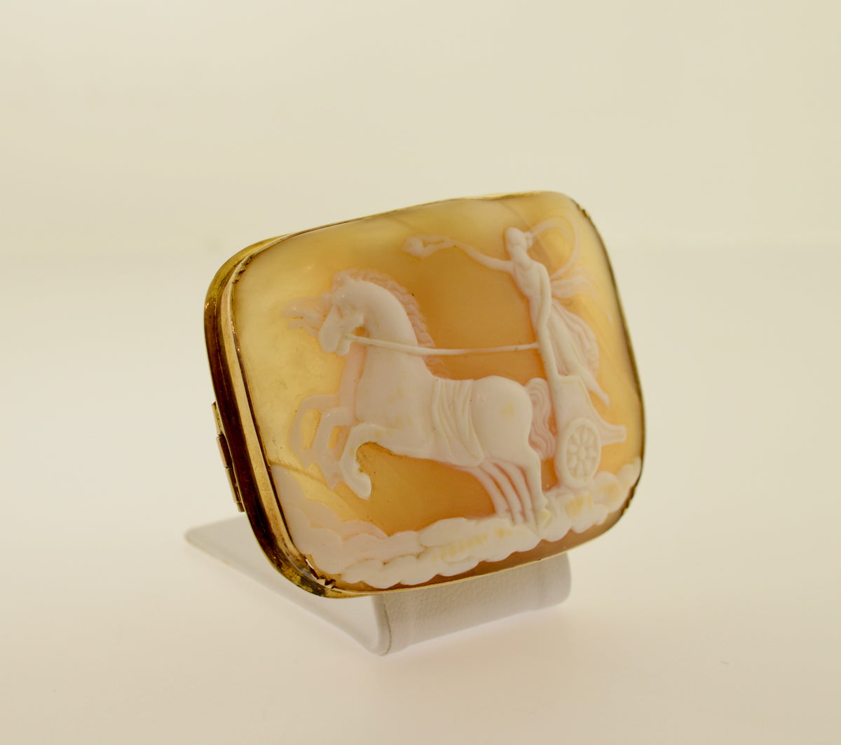 14K Yellow Gold Rectangular Shell Cameo Brooch with Chariot
