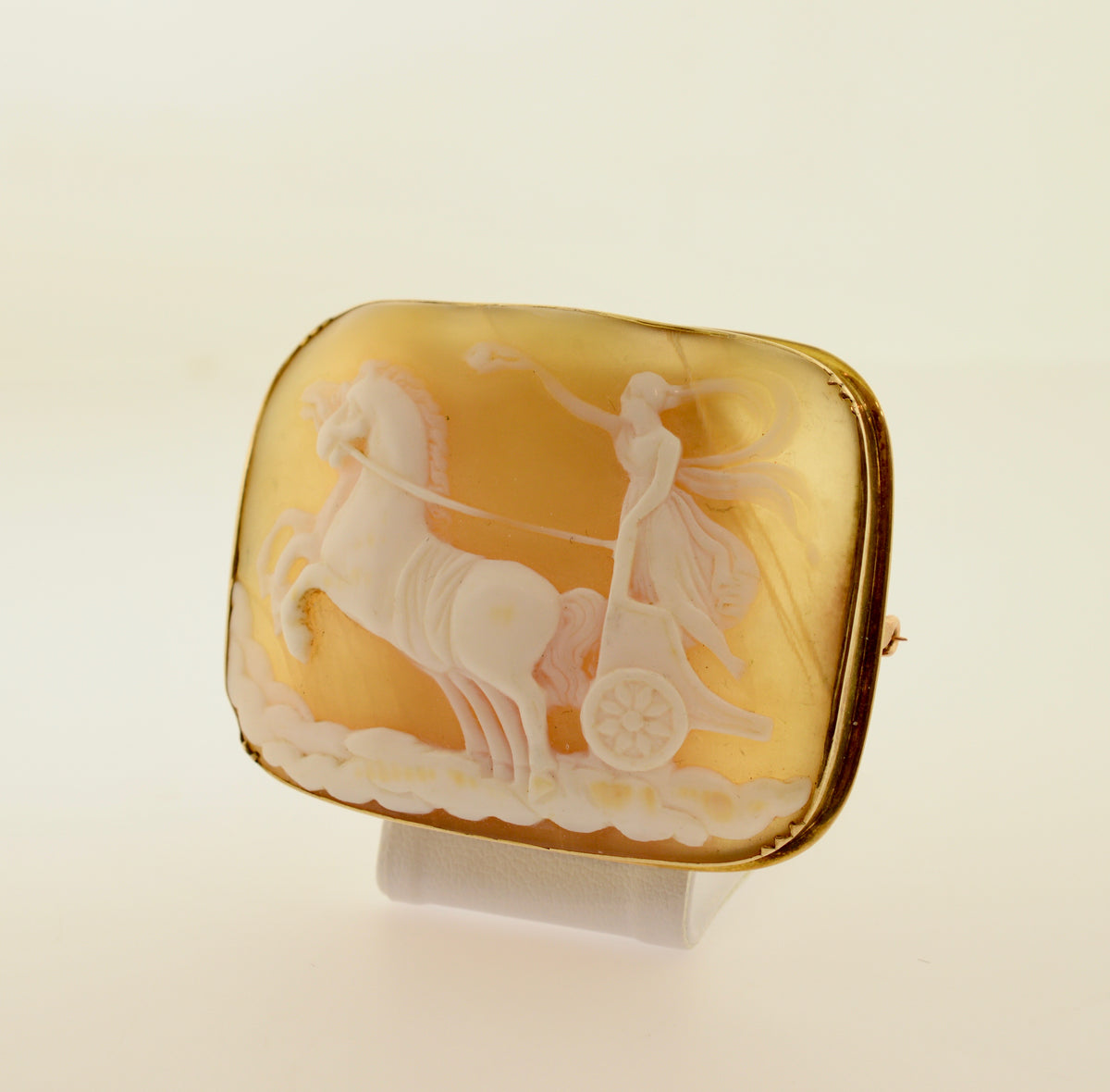 14K Yellow Gold Rectangular Shell Cameo Brooch with Chariot