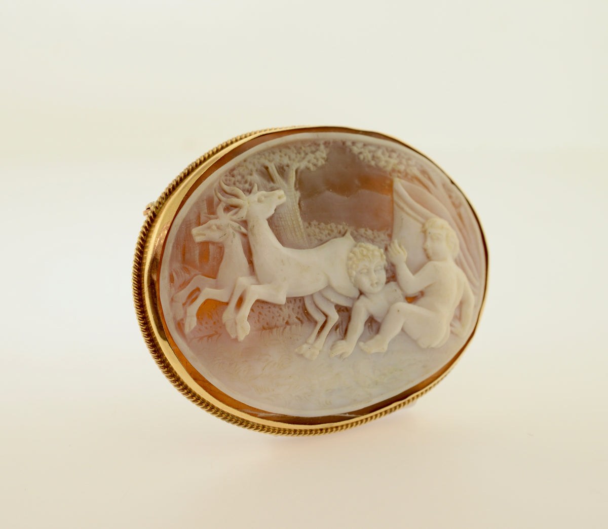 14K Yellow Gold Infant and Deer Shell Cameo Brooch