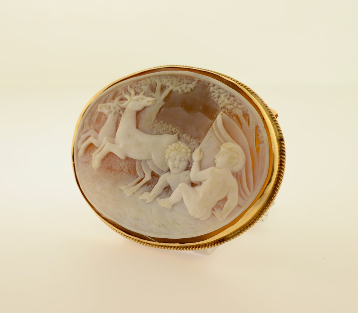14K Yellow Gold Infant and Deer Shell Cameo Brooch