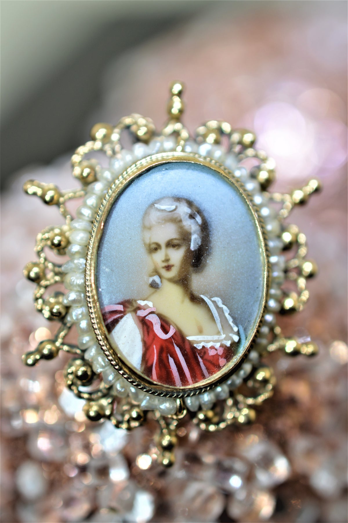 14K Yellow Gold Oval Victorian Hand Painted Portrait Brooch