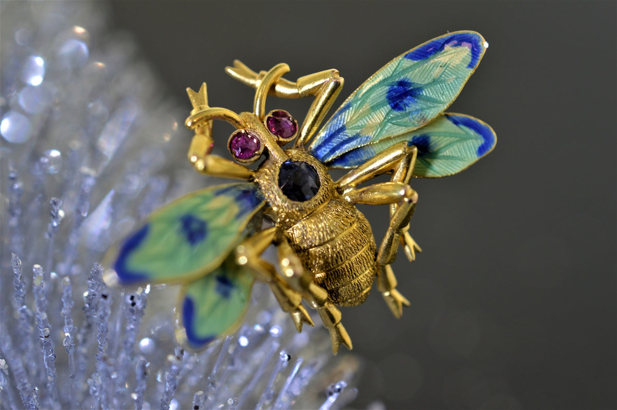 18K Yellow Gold Antique Ruby and Spinel Bee Hat Pin