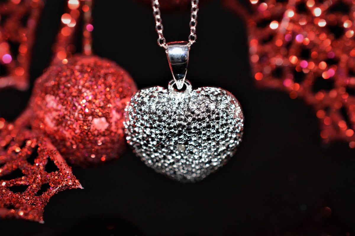 Sterling Silver Puffed Heart Necklace With Diamond Accent