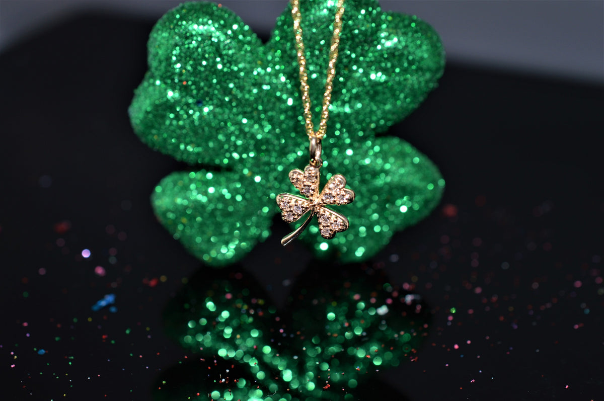 14K Yellow Gold Four Leaf Clover Diamond Pendant Necklace