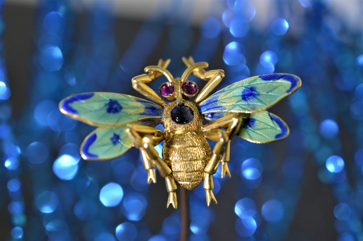 18K Yellow Gold Antique Ruby and Spinel Bee Hat Pin