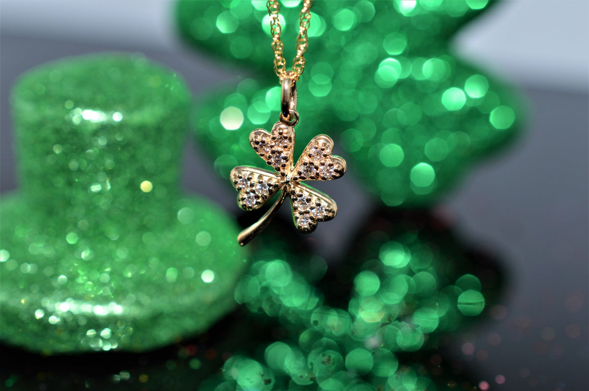 14K Yellow Gold Four Leaf Clover Diamond Pendant Necklace