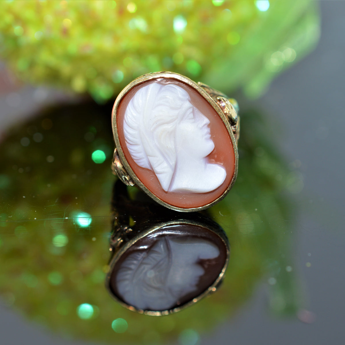 14K Yellow Gold Oval Shell Cameo Ring with Phoenix on Sides