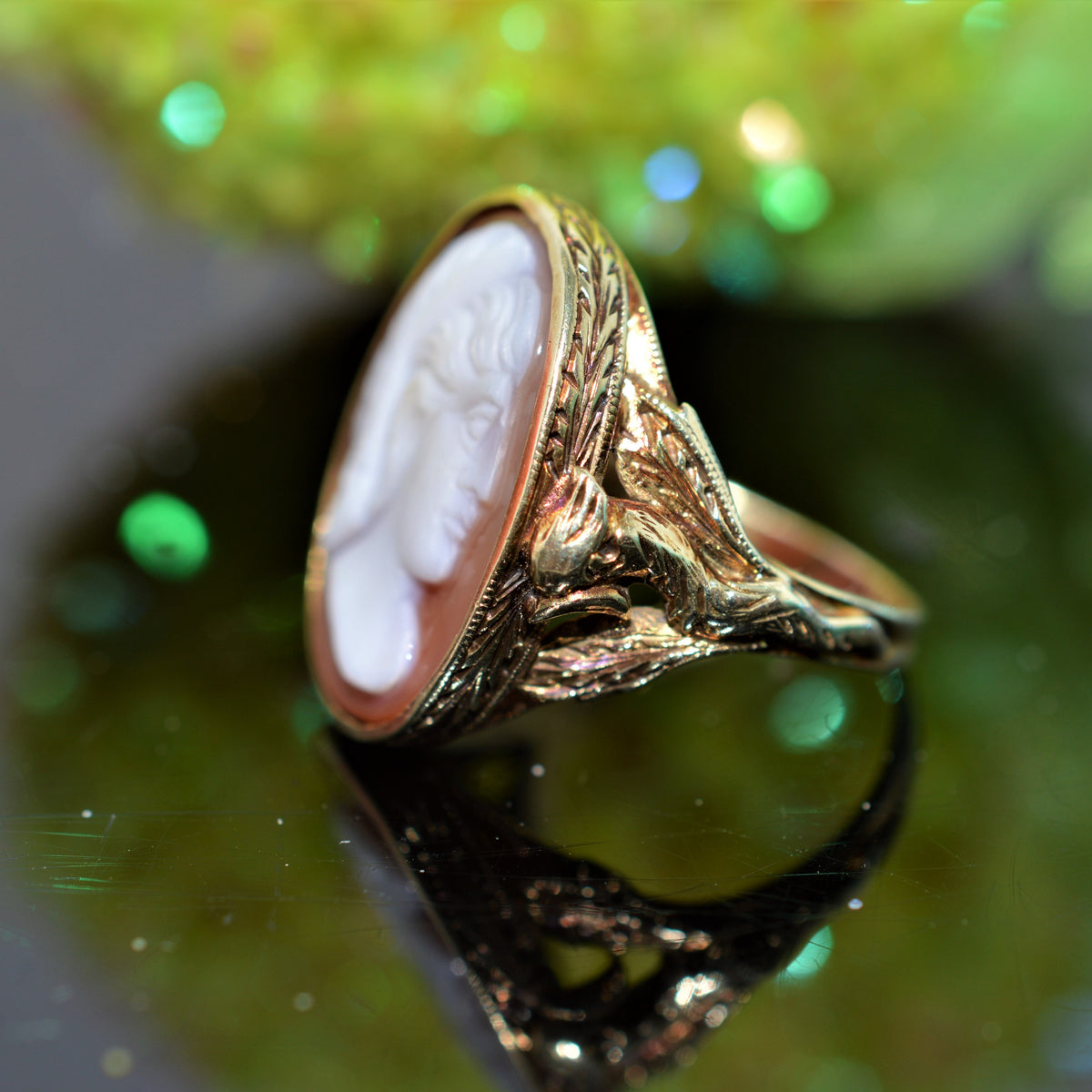 14K Yellow Gold Oval Shell Cameo Ring with Phoenix on Sides