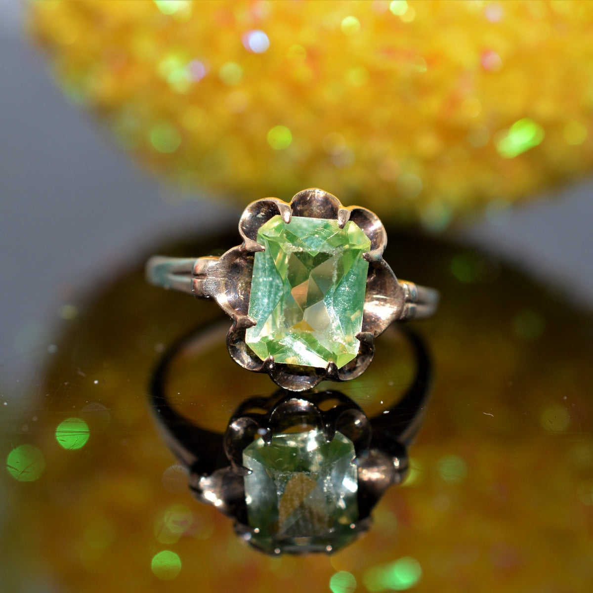 10K Yellow Gold Radiant Cut Synthetic Acid Green Spinel Ring
