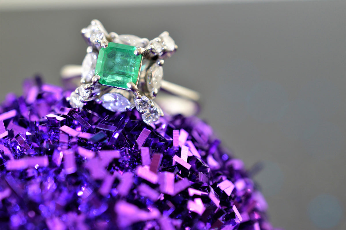 18K White Gold Square Emerald Cut Emerald and Diamond Ring