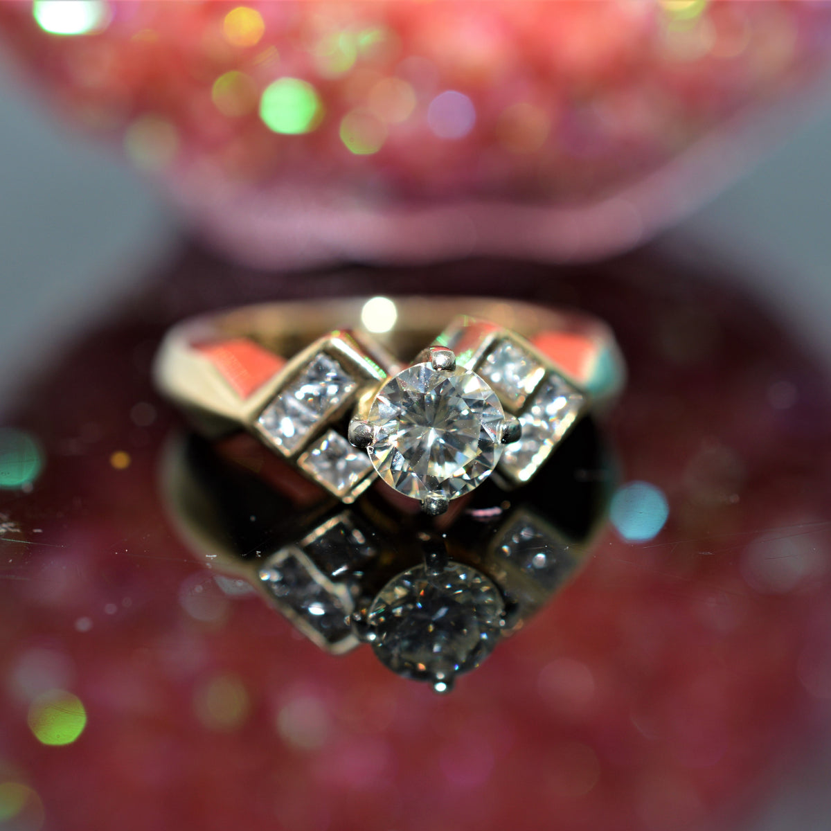 14K Yellow Gold Brilliant and Princess Diamond Engagement Ring