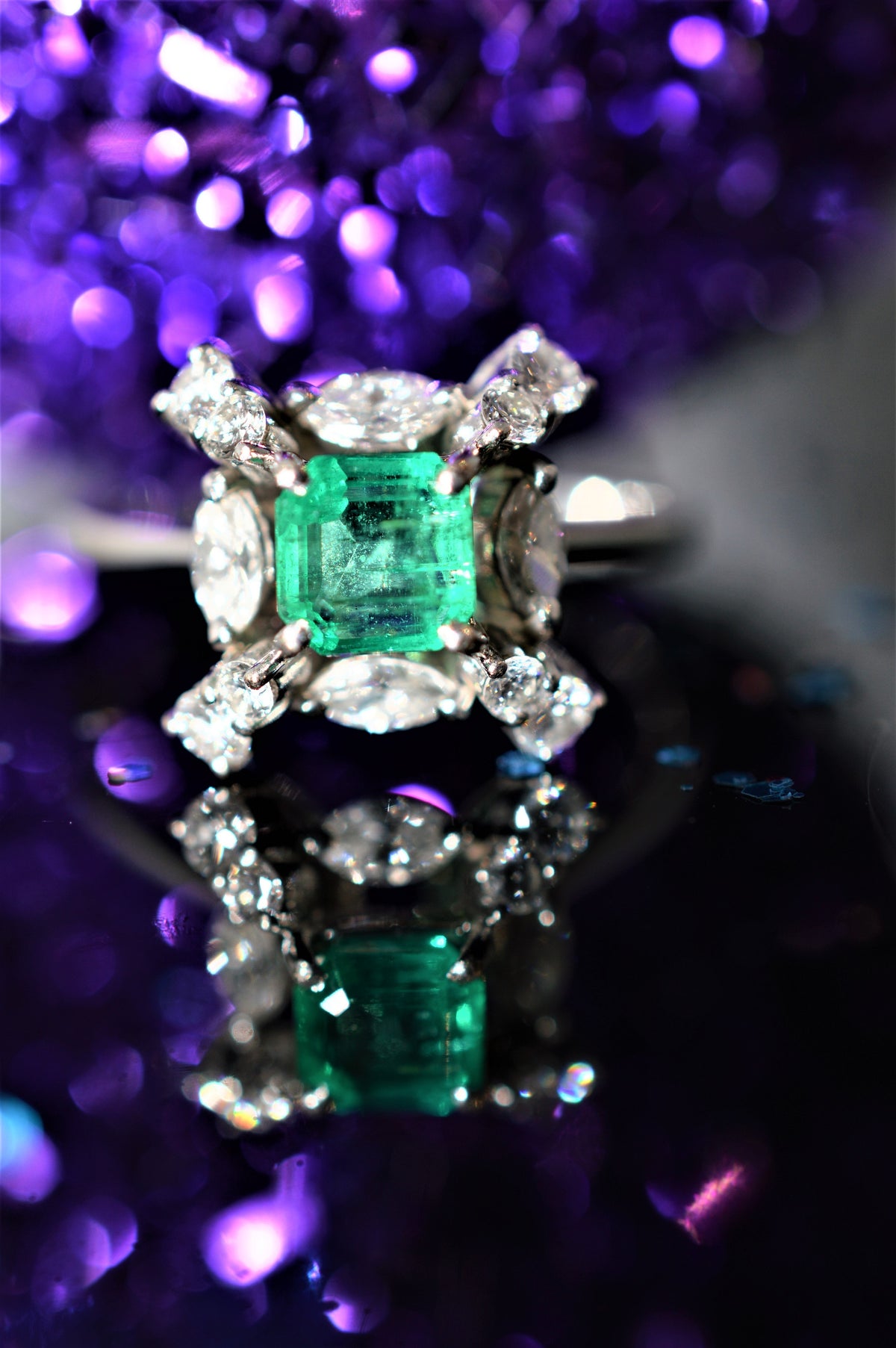 18K White Gold Square Emerald Cut Emerald and Diamond Ring