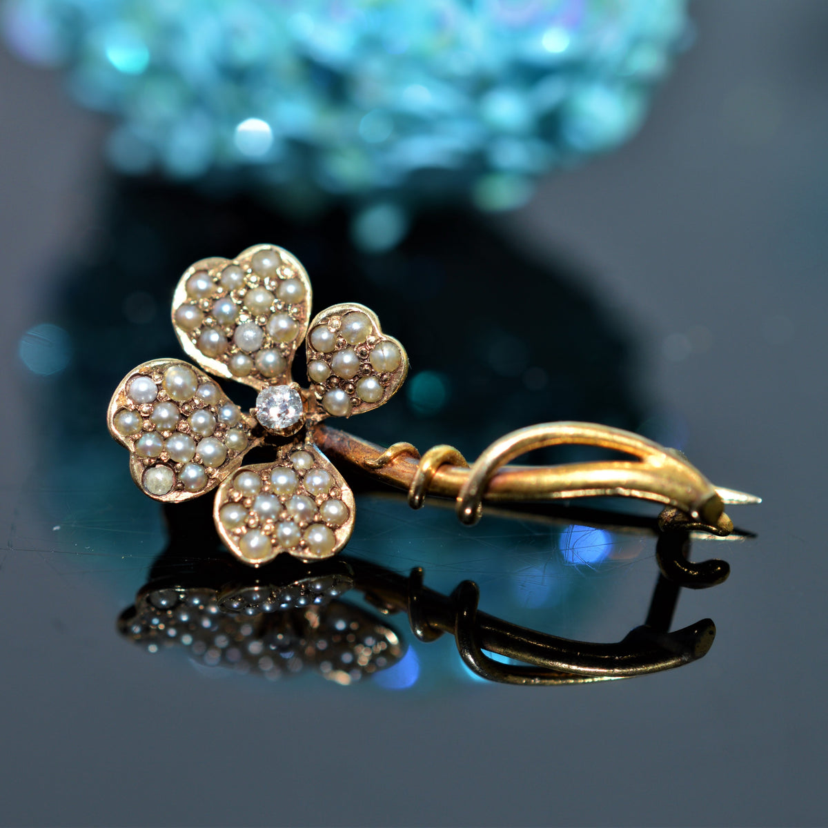 14K Yellow Gold 1 Inch Antique 4 Leaf Clover Brooch