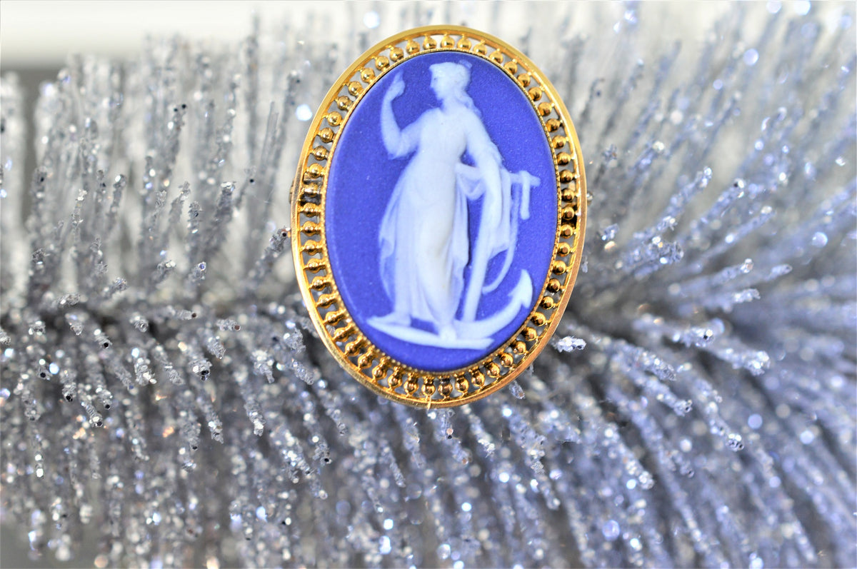 14K Yellow Gold Oval Blue Wedgewood Cameo Featuring a Lady
