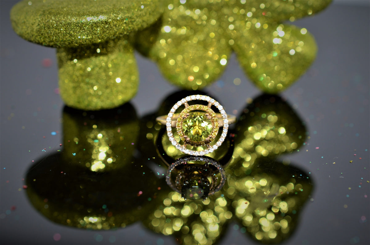 14K Yellow Gold Double Halo Peridot And Diamond Ring