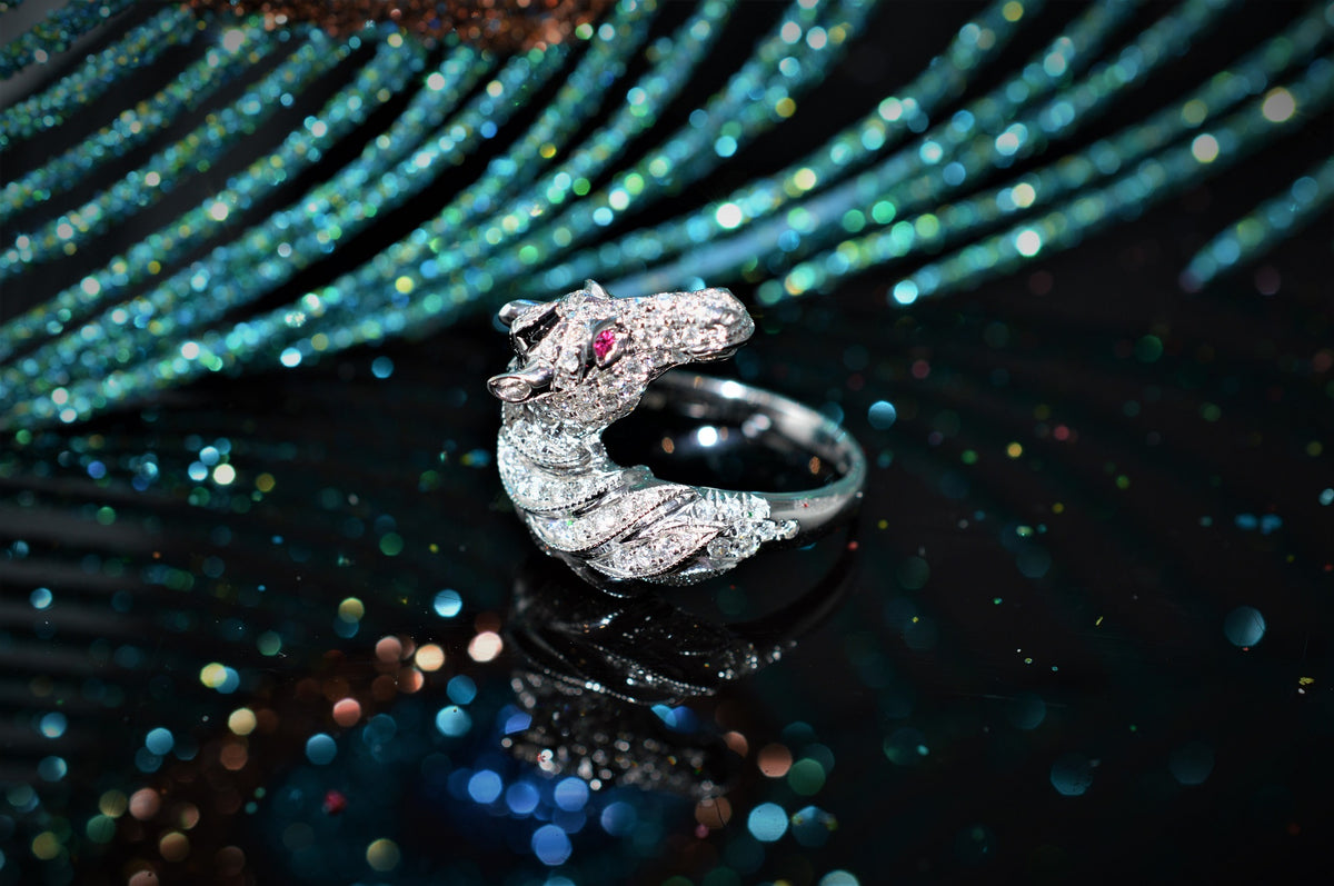 18K White Gold Diamond Horse Ring with Ruby Accents