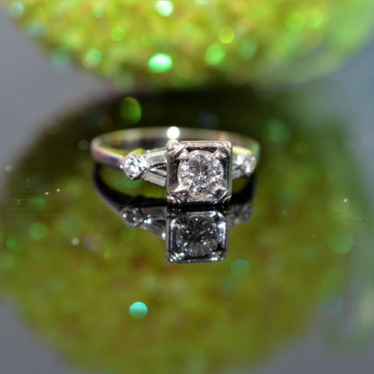 14K White Gold Brilliant and Baguette Cut Diamond Engagement Ring