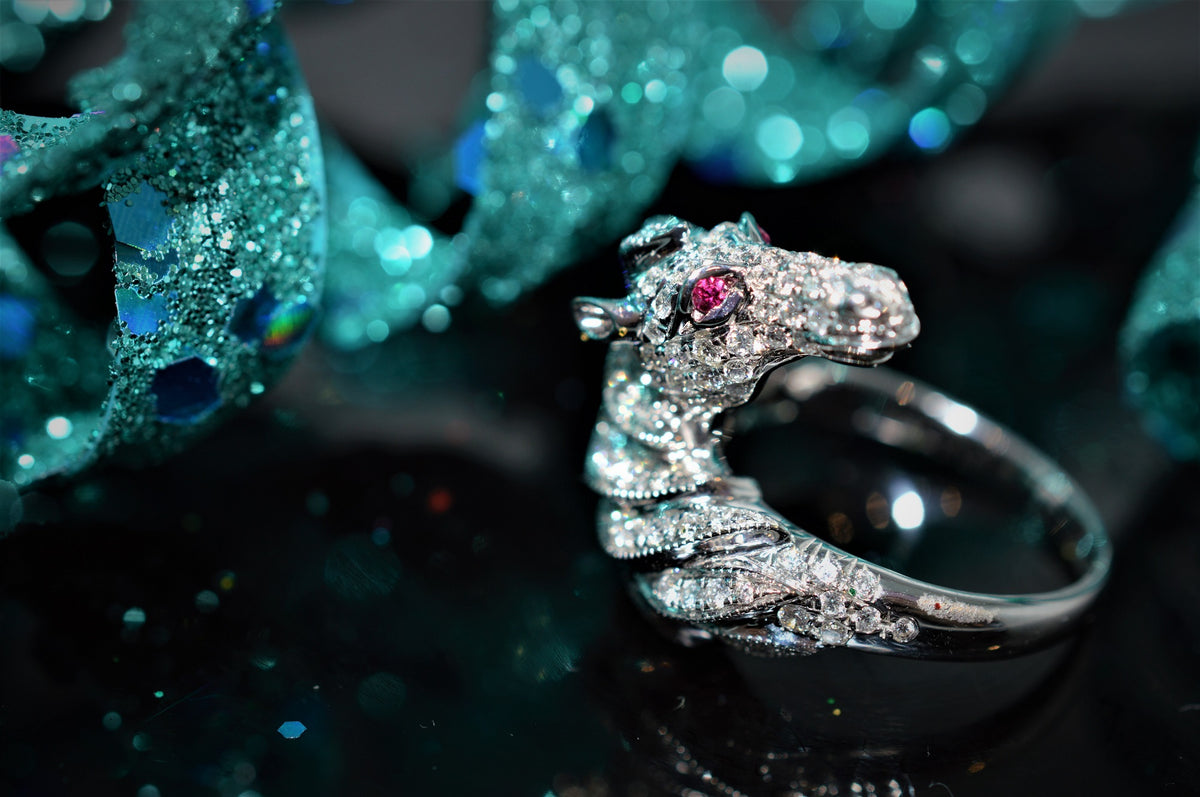 18K White Gold Diamond Horse Ring with Ruby Accents