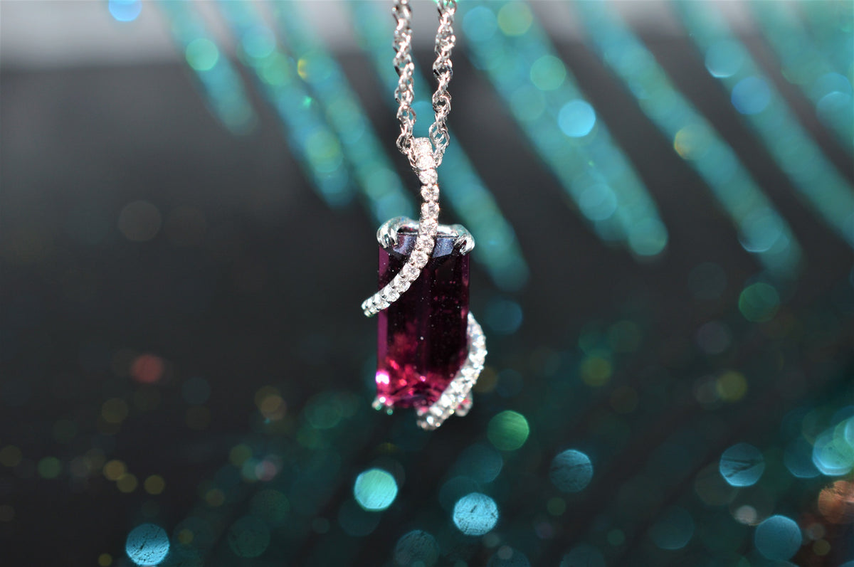 18K White Gold Pink Tourmaline And Diamond Pendant