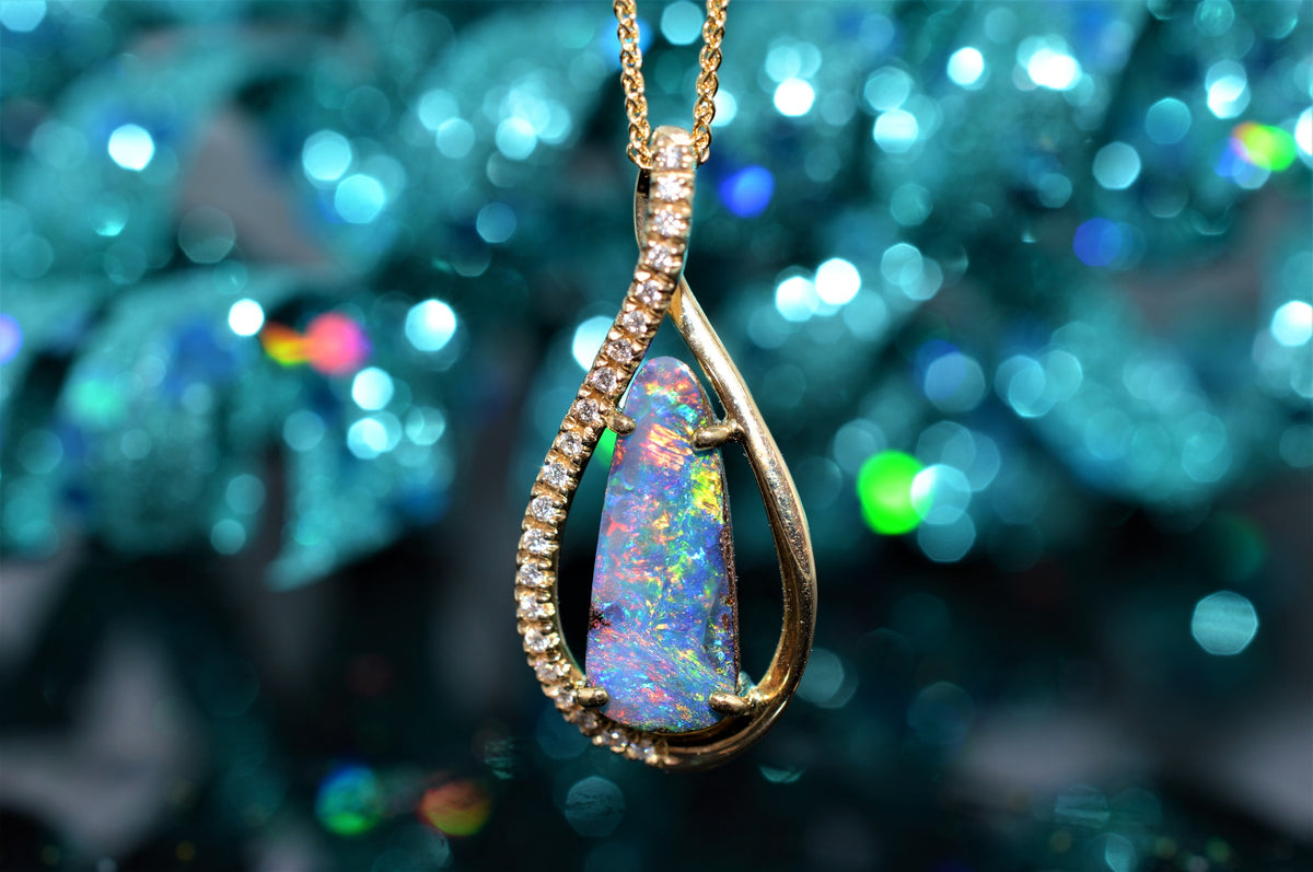 14K Yellow Gold Australian Boulder Opal And Diamond Necklace