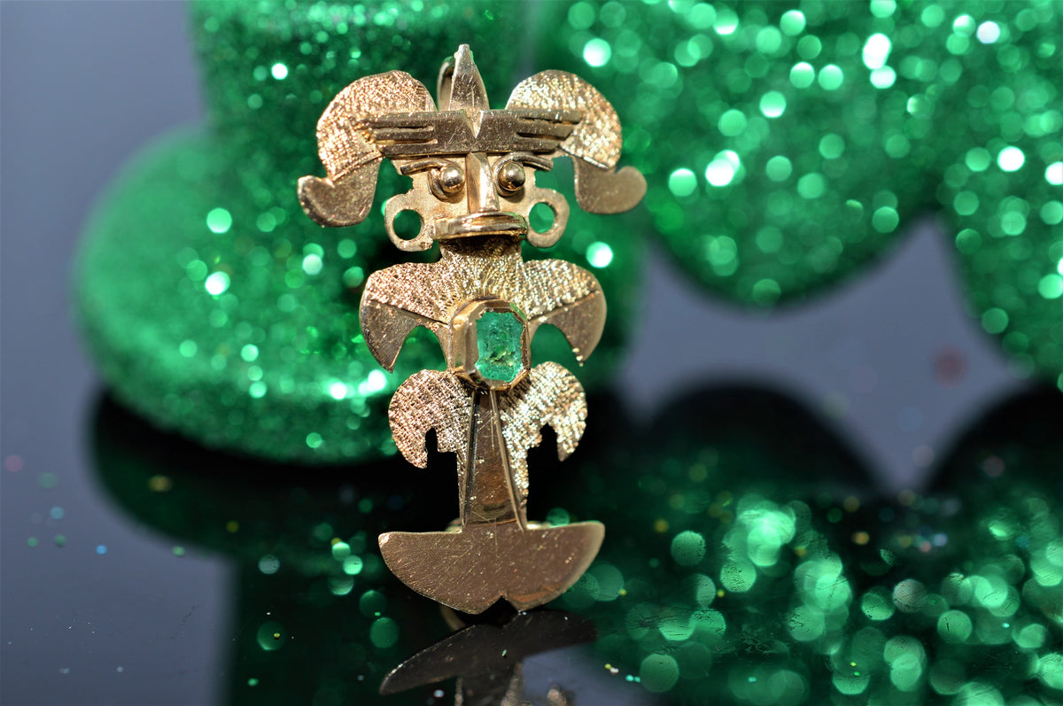 18K Yellow Gold Emerald Aztec Figure Gold Brooch/Pendant