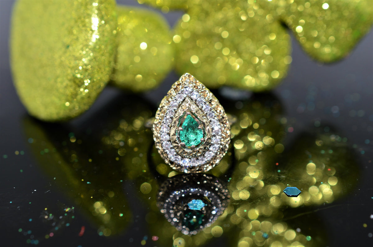 14K Yellow Gold, Teardrop Emerald Gold Nugget Design Ring