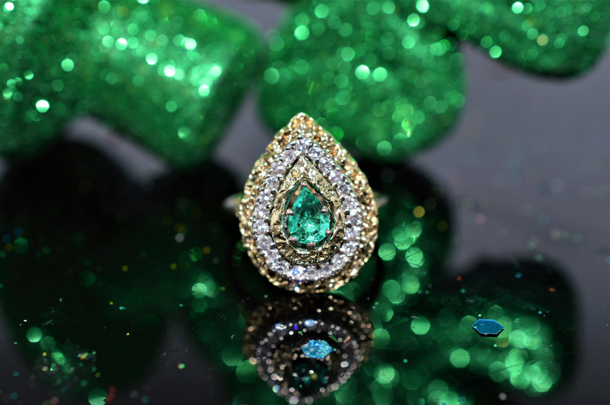 14K Yellow Gold, Teardrop Emerald Gold Nugget Design Ring