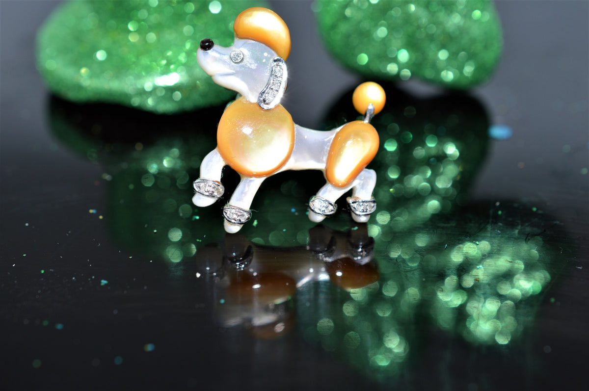 Mother of Pearl and Diamond Poodle Brooch in White Gold