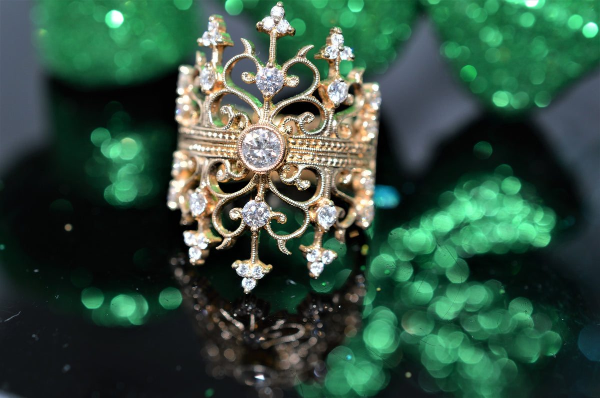 14K Yellow Gold Diamond Double Crown Gold Fashion Ring