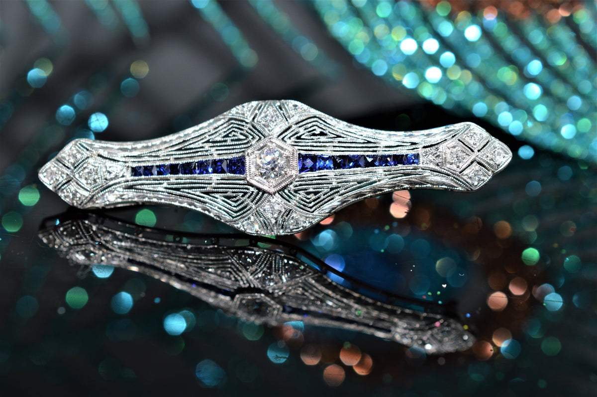 Platinum Art Deco Diamond and Sapphire Filigree Brooch