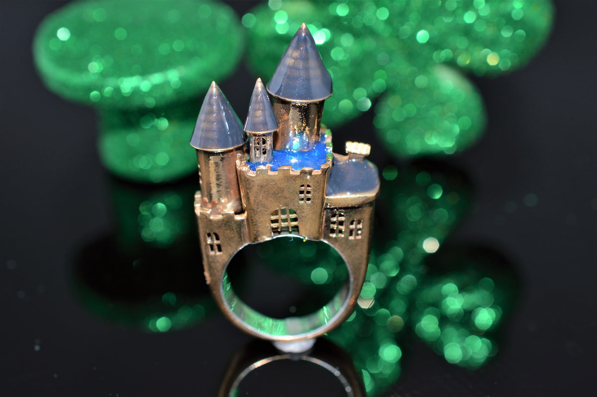 Vermeil 14K Gold Architectural Castle Ring with Enameling