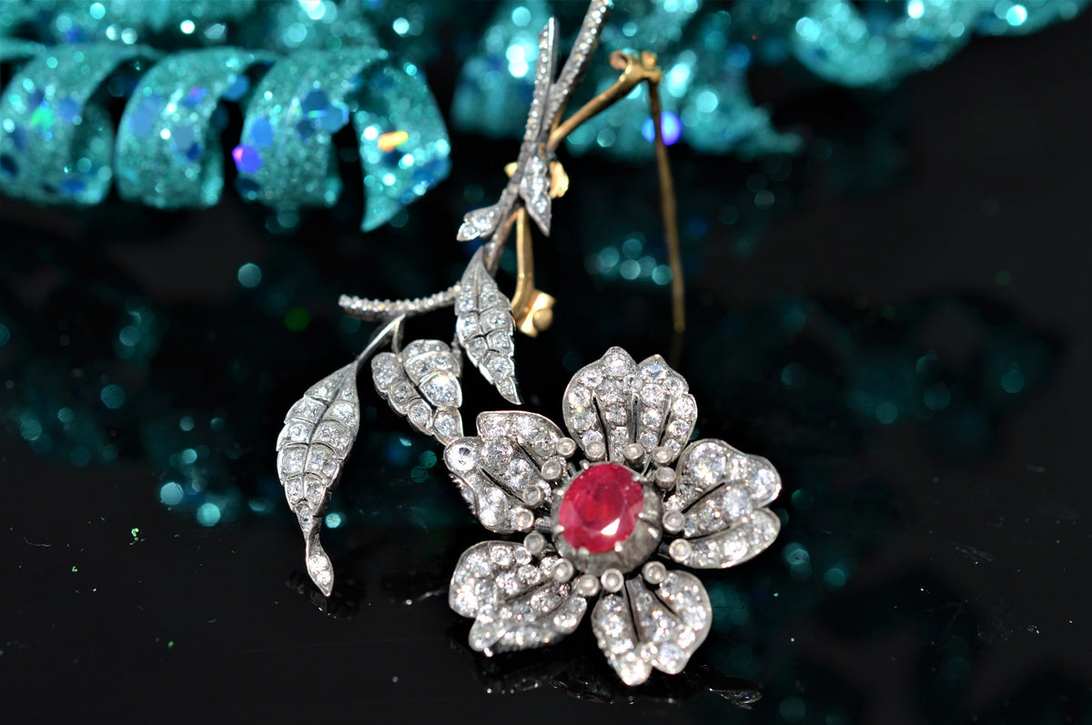 Silver Topped 14K Yellow Gold Diamond and Ruby Flower Brooch