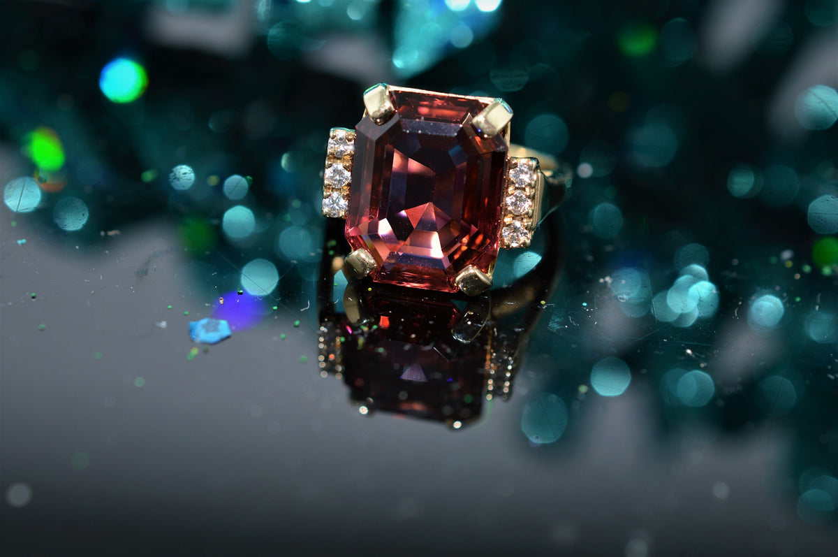 14K Yellow Gold Pink Tourmaline and Diamond Fashion Ring