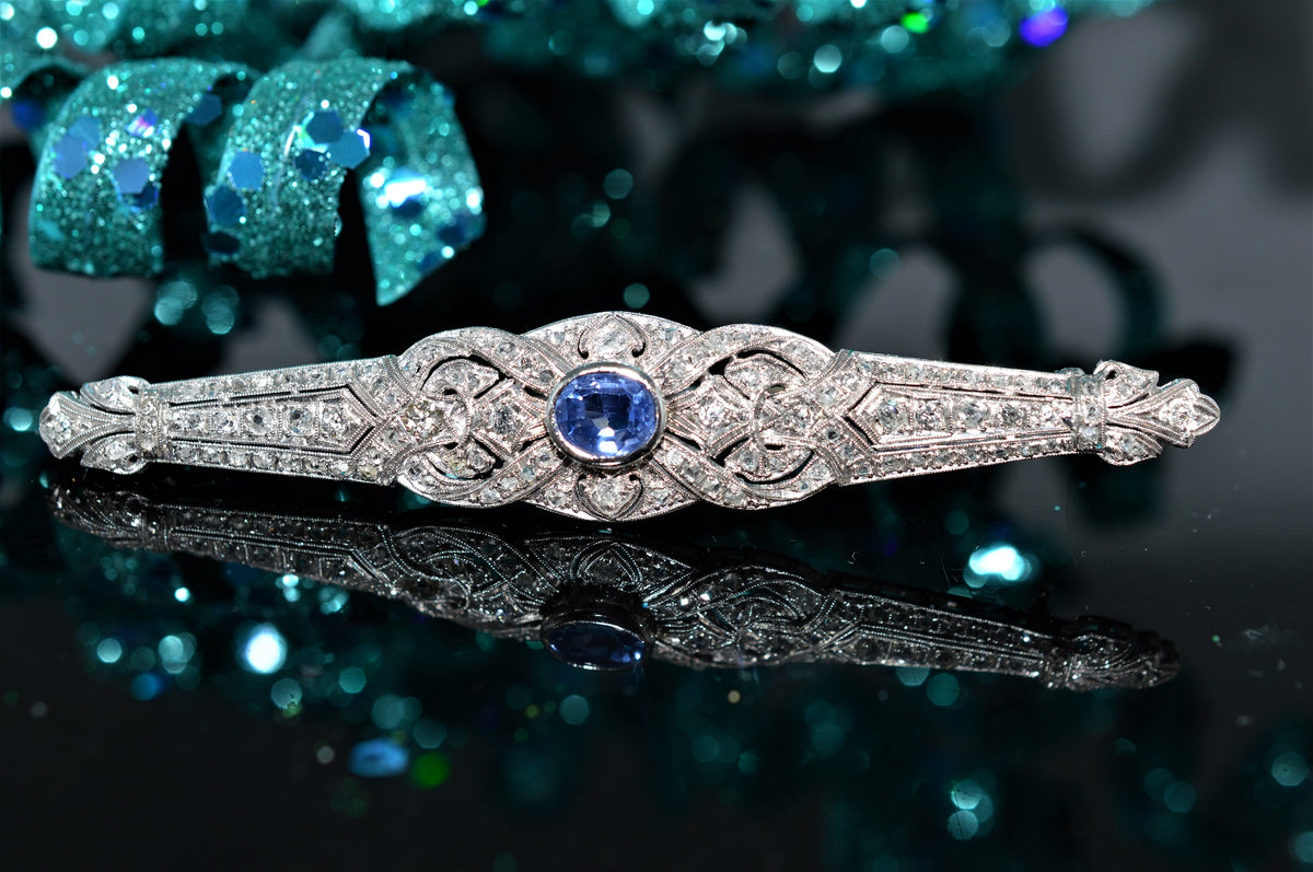 Victorian Hard Platinum Diamond and Sapphire Bar Pin