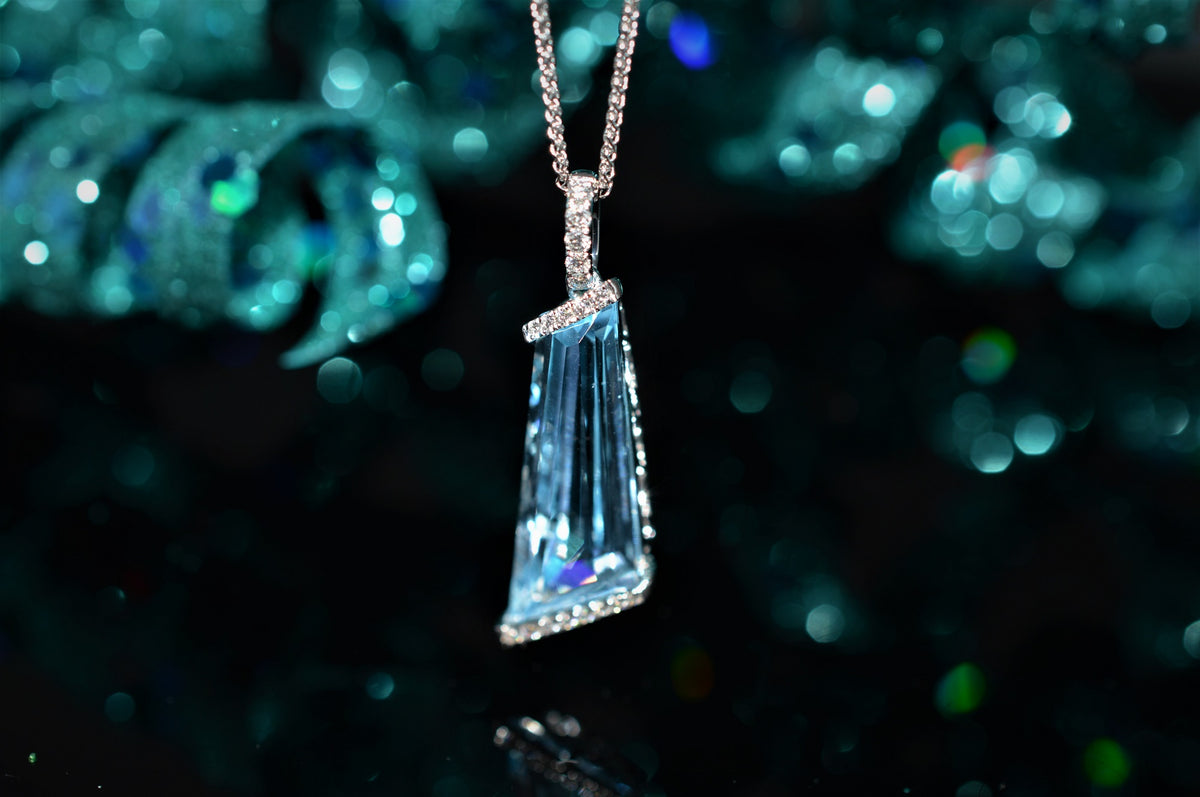 14K White Gold Angular Cut Blue Topaz And Diamond Pendant