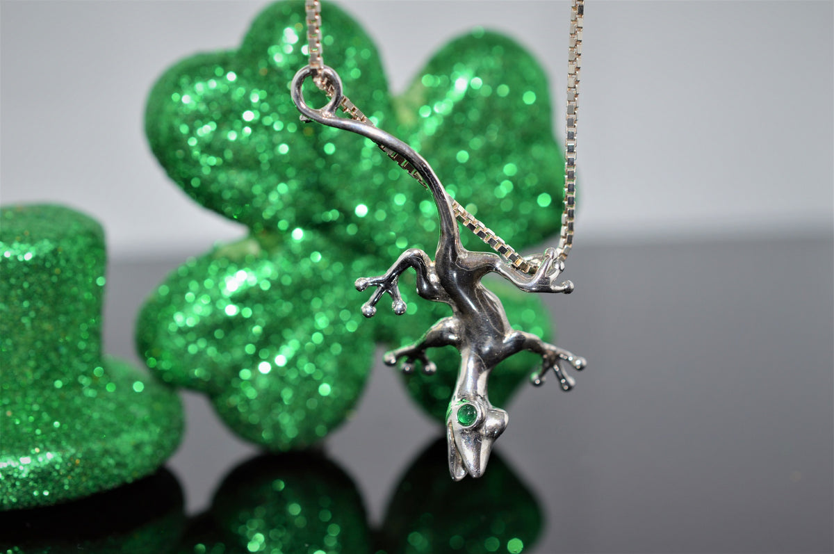 Sterling Silver Lizard Necklace with Emeralds for Eyes