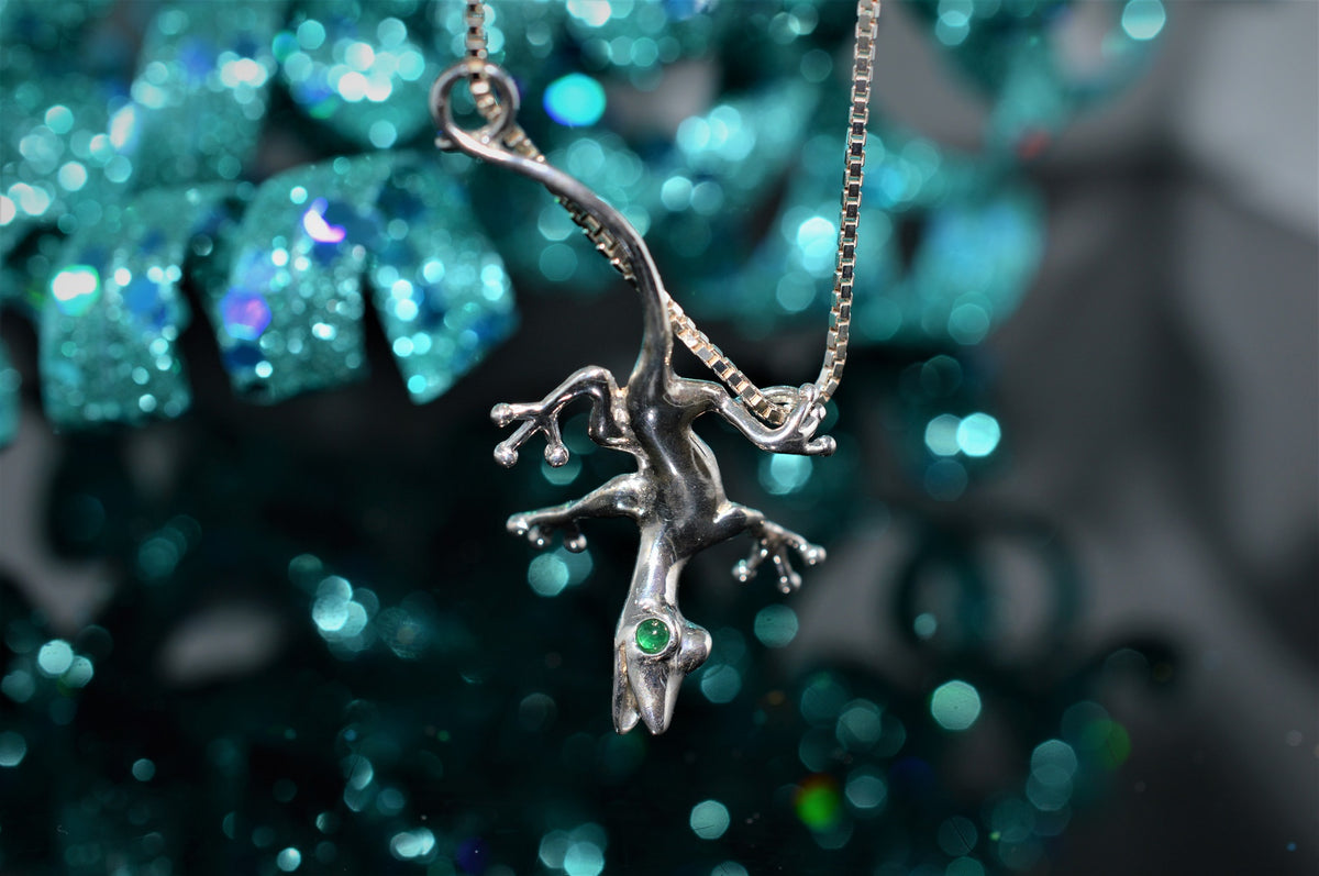 Sterling Silver Lizard Necklace with Emeralds for Eyes