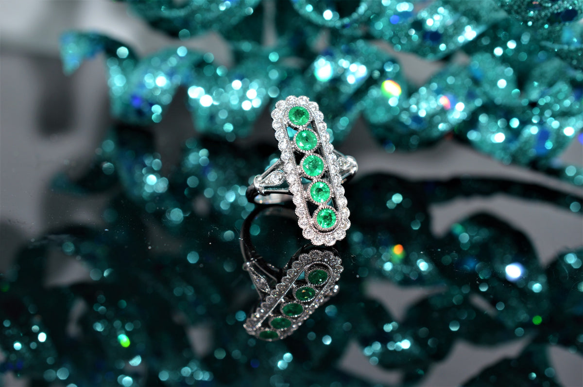 Emerald and Diamond 18K White Gold Art Deco Inspired Ring
