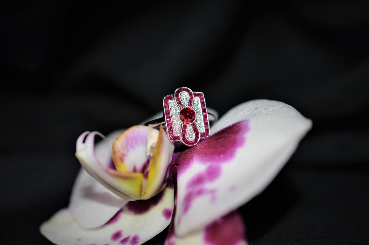 18K Ruby and Diamond Infinity Style Art Deco Inspired Ring