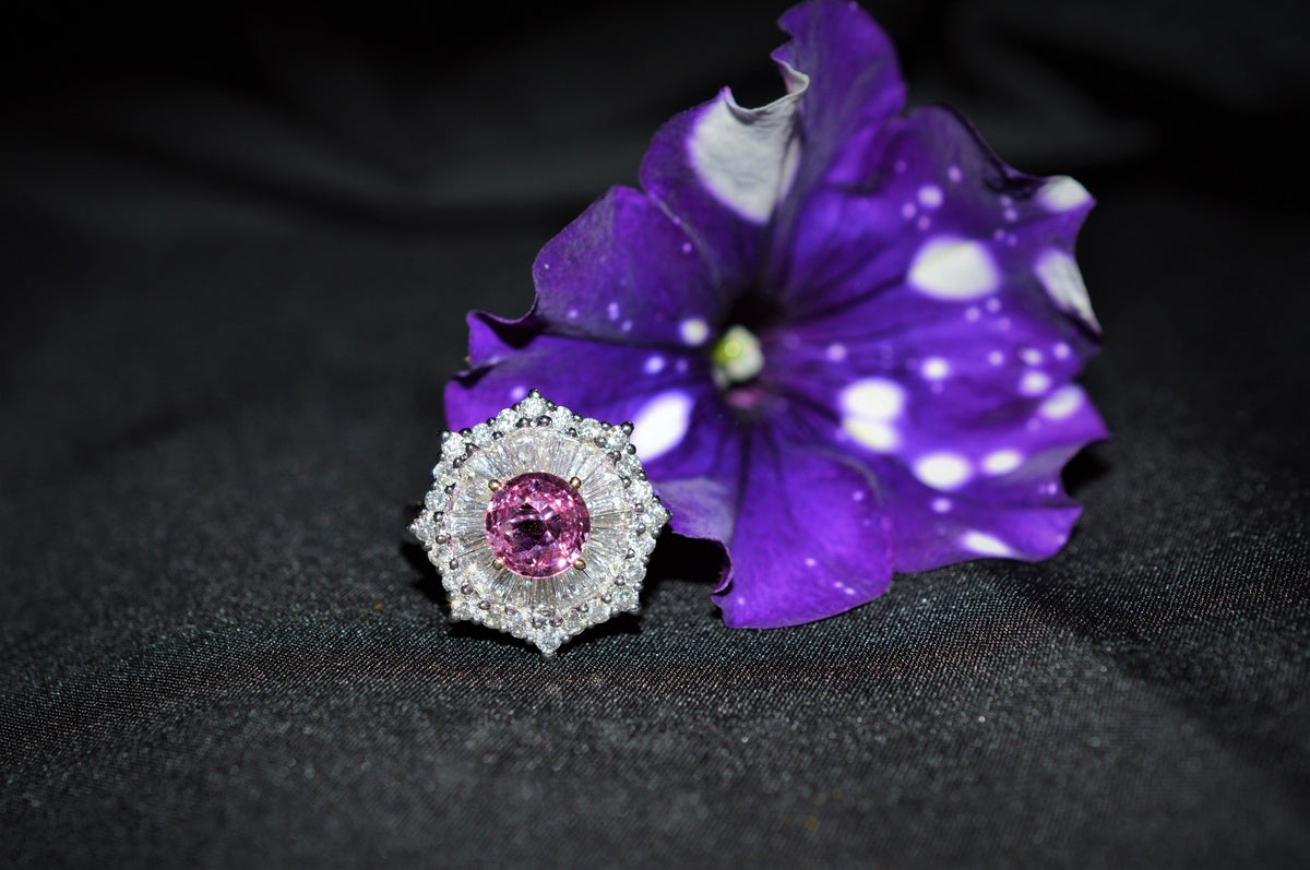 18K White Gold Diamond and Round Pink Sapphire Ring