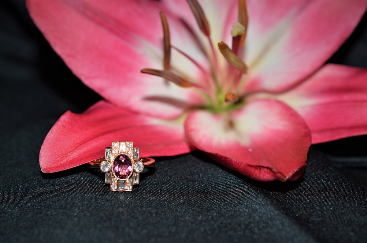 Rose Gold Pink Tourmaline and Diamond Art Deco Inspired Ring