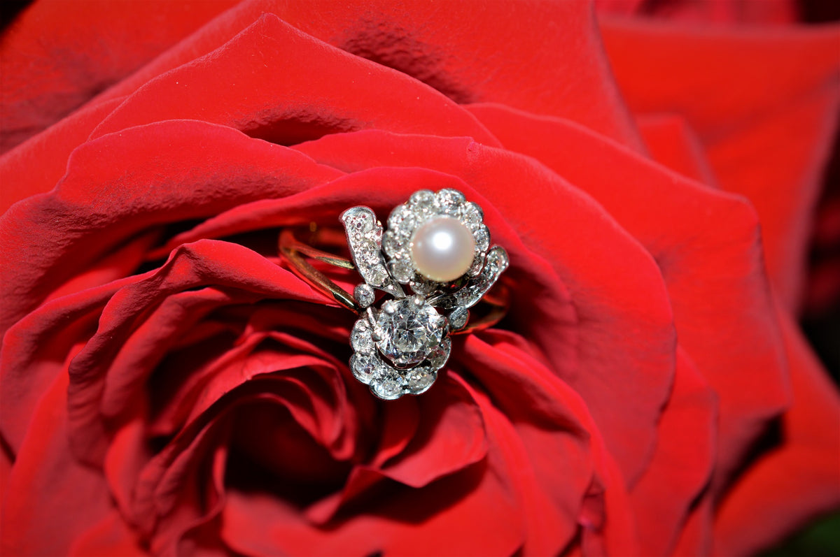 14K Two Tone Antique Krementz Pearl and Diamond Ring