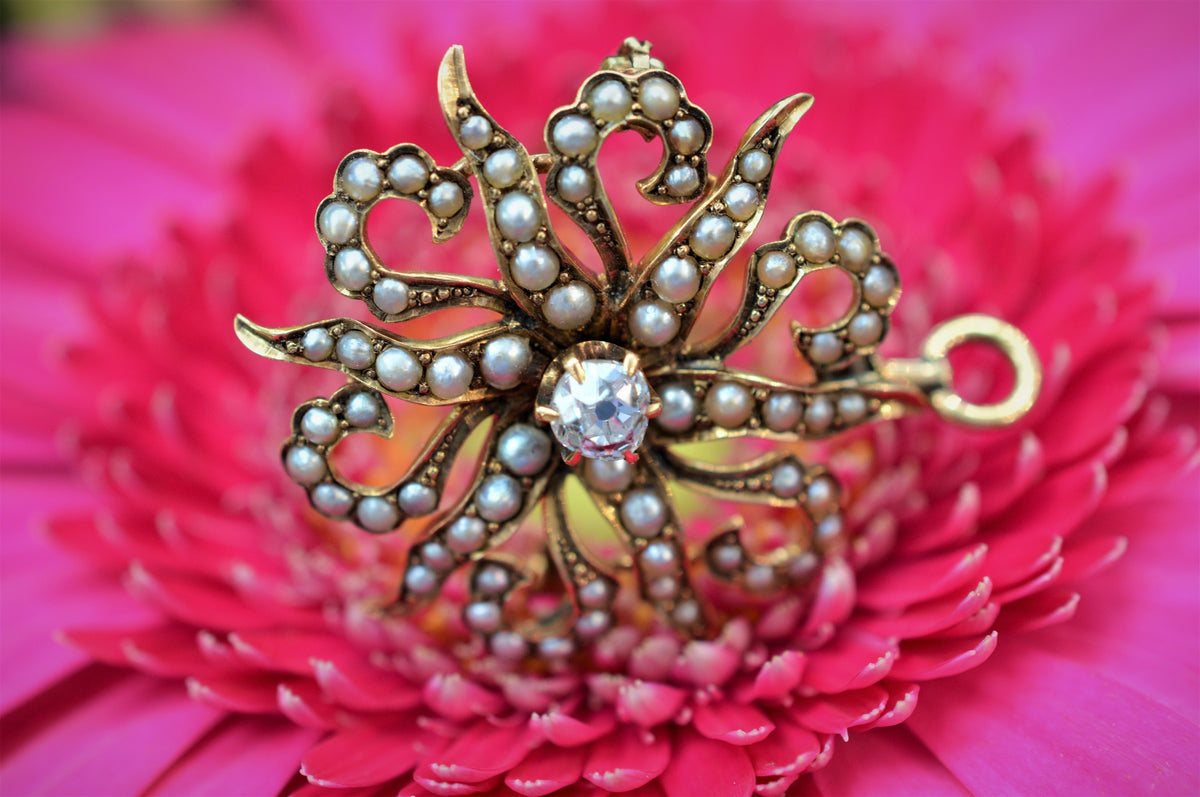 Antique Diamond and Pearl Starburst Brooch/Pendant