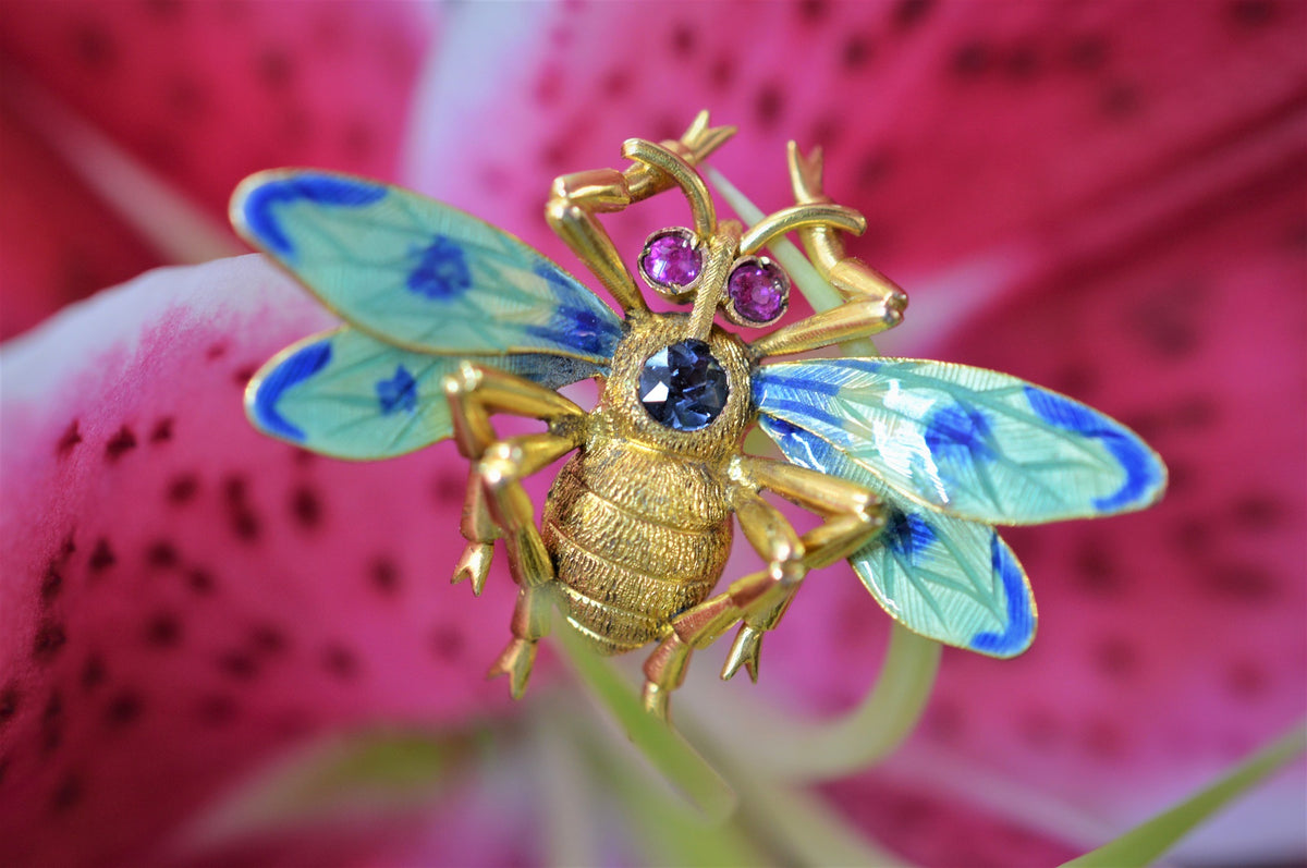 18K Yellow Gold Antique Ruby and Spinel Bee Hat Pin