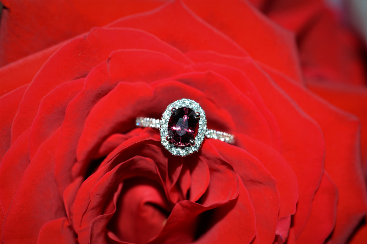 14K White Gold, Natural Red Oval Ruby And Diamond Ring