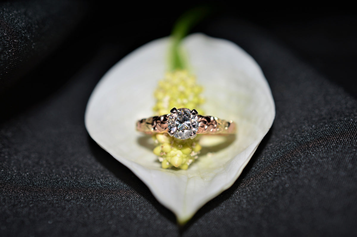 14K Two-Tone Floral Old European Cut Diamond Engagement Ring
