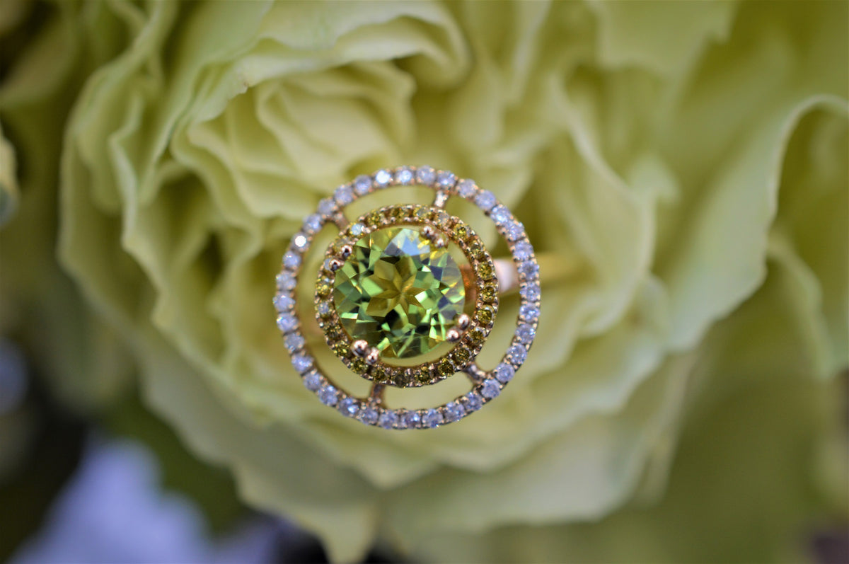 14K Yellow Gold Double Halo Peridot And Diamond Ring