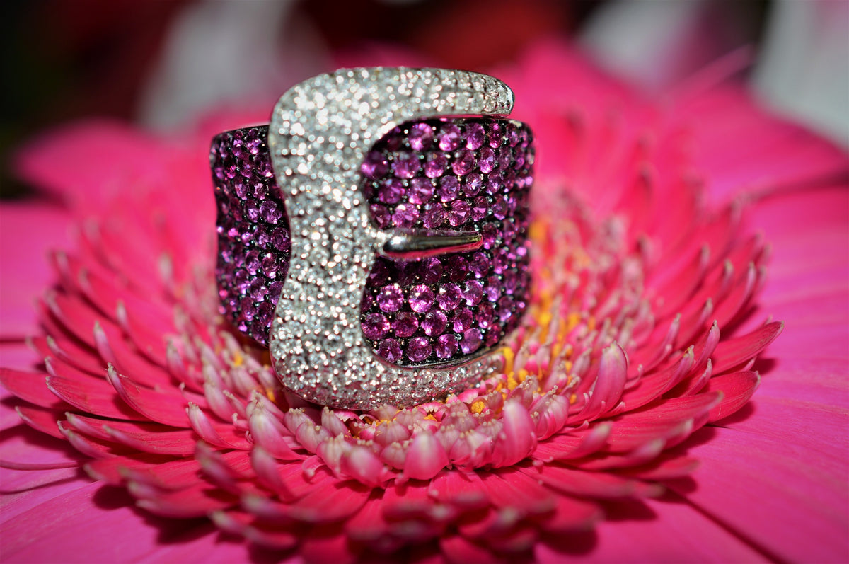 14K White Gold Pink Sapphire and Diamond Buckle Ring