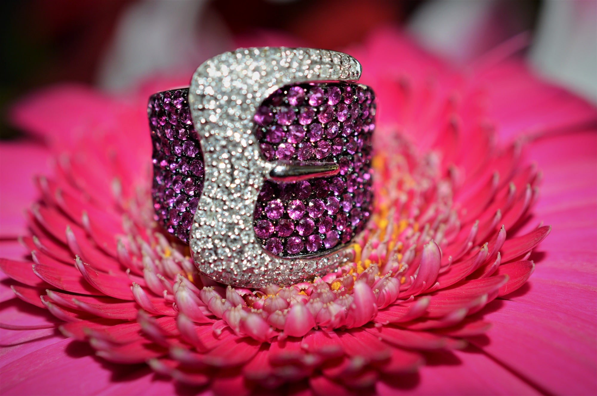 Louis Vuitton Diamond & Pink Sapphire Flower 18k White Gold Ring